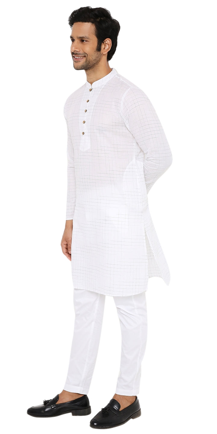 WHITE KHADI KURTA WITH YOKE AND LUPI DESIGN