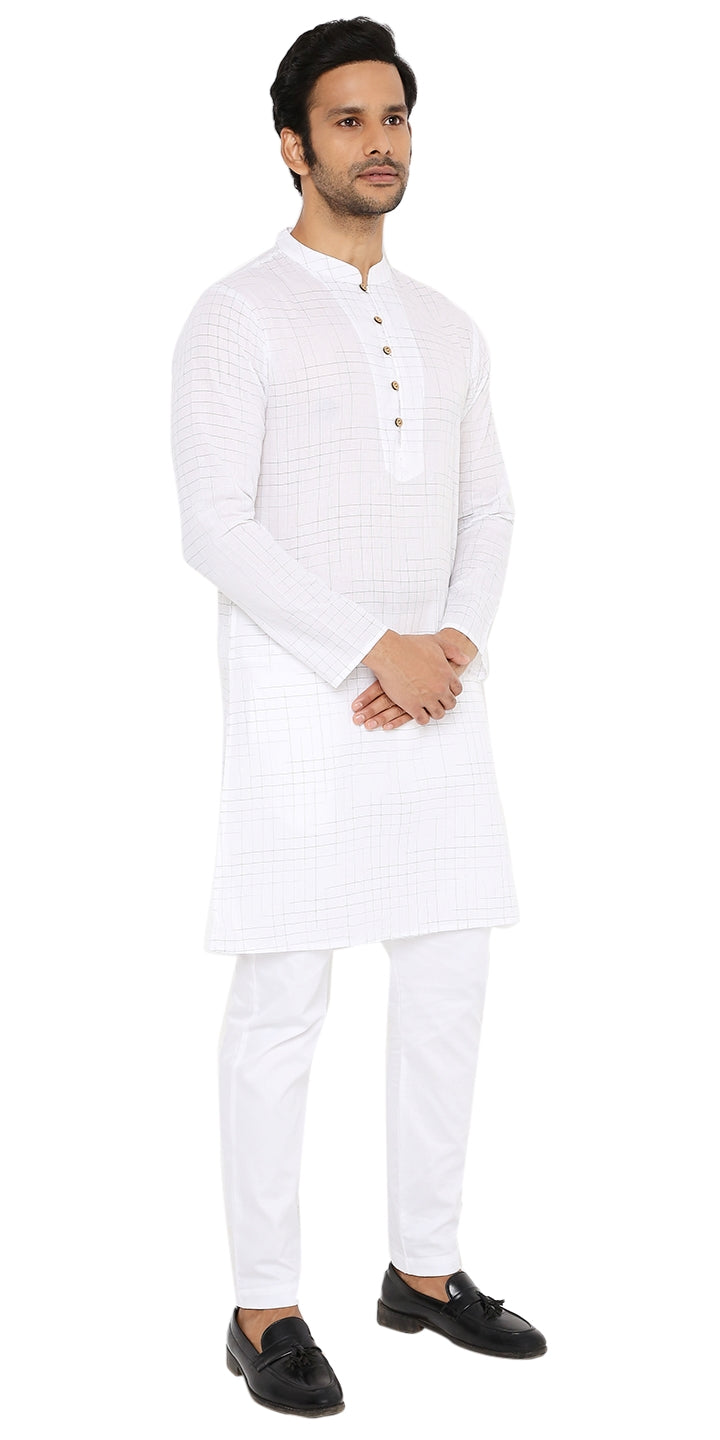 WHITE KHADI KURTA WITH YOKE AND LUPI DESIGN