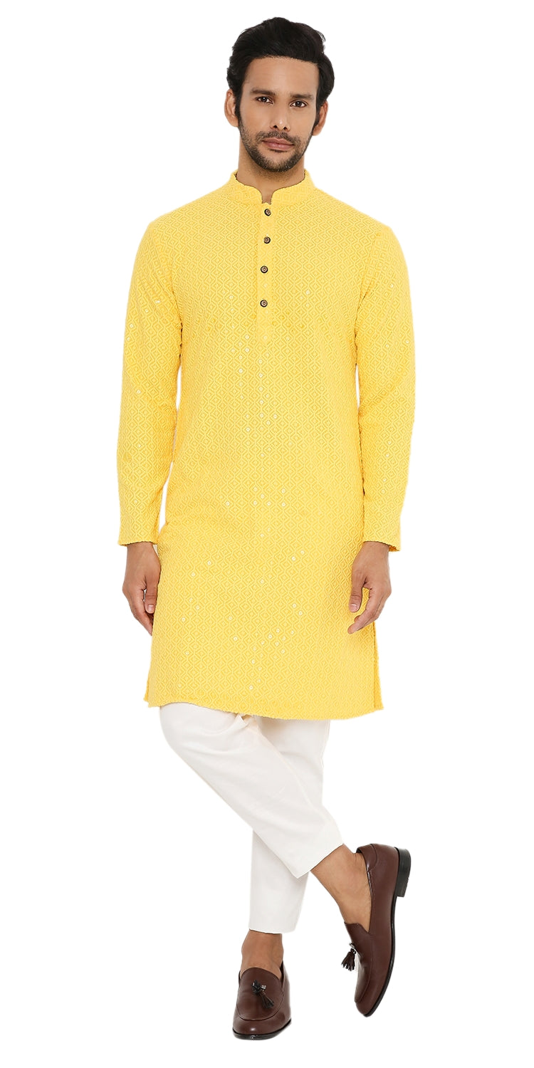 SUNLIGHT YELLOW SEQUINS & THREAD EMBRIODERED KURTA PYJAMA SET
