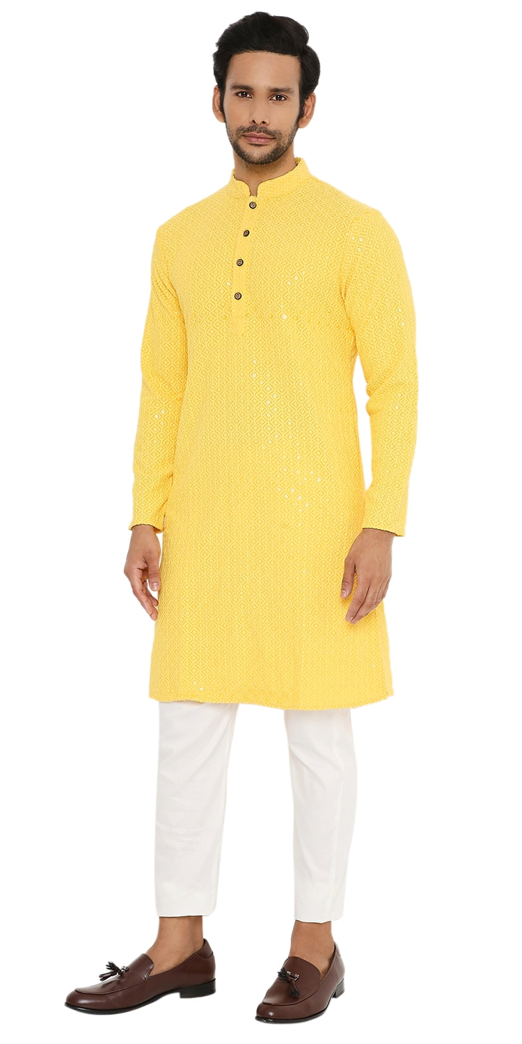 SUNLIGHT YELLOW SEQUINS & THREAD EMBRIODERED KURTA PYJAMA SET