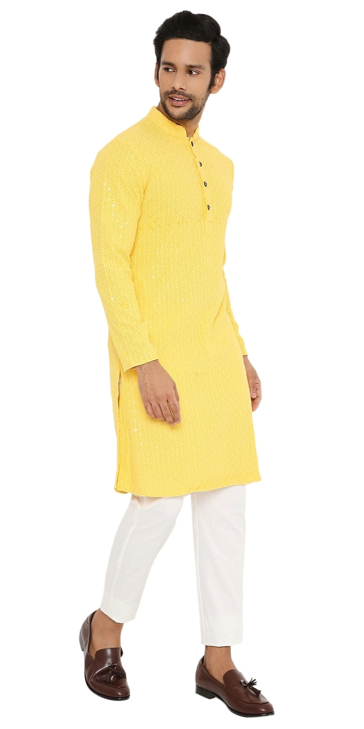 SUNLIGHT YELLOW SEQUINS & THREAD EMBRIODERED KURTA PYJAMA SET