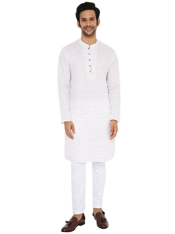 WHITE BROWN CHECKERED KURTA WITH FRONT YOKE AND LUPI BUTTON