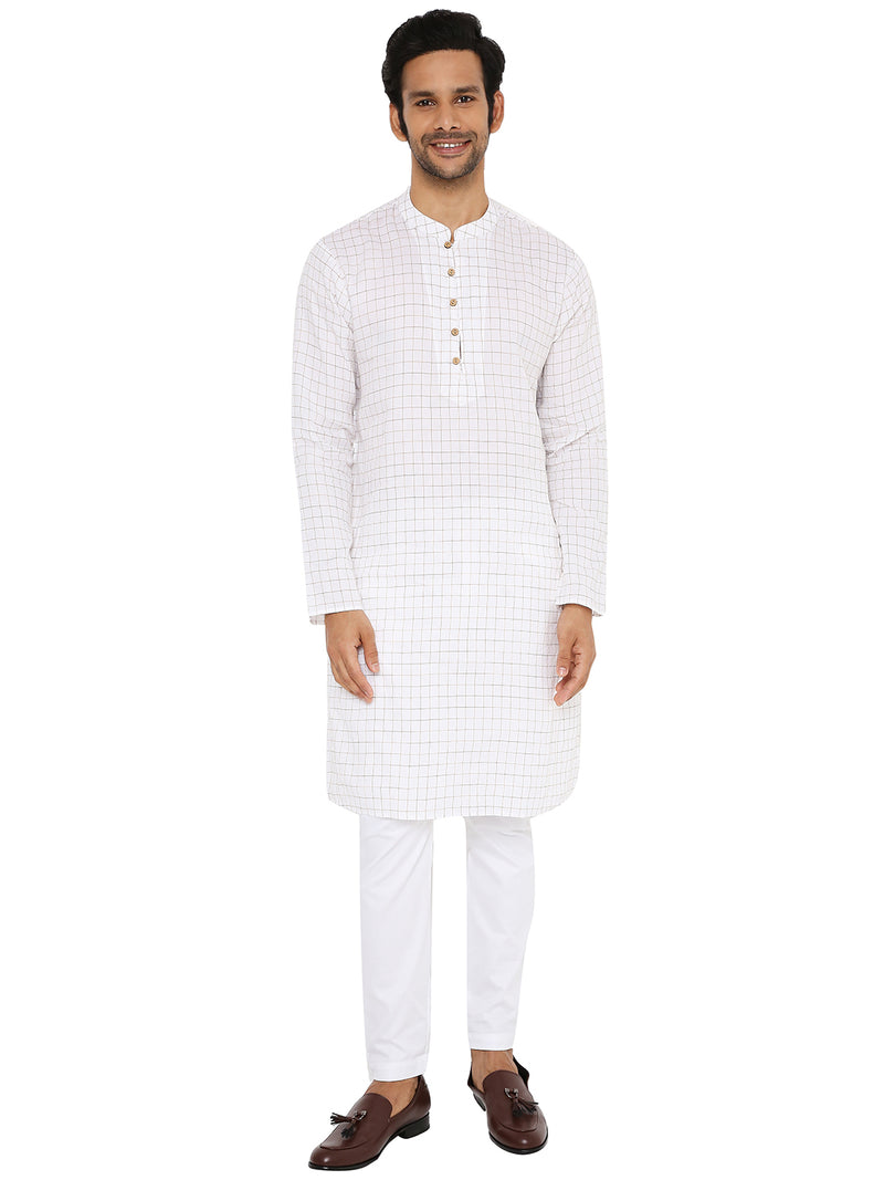 WHITE BROWN CHECKERED KURTA WITH FRONT YOKE AND LUPI BUTTON