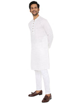 WHITE BROWN CHECKERED KURTA WITH FRONT YOKE AND LUPI BUTTON