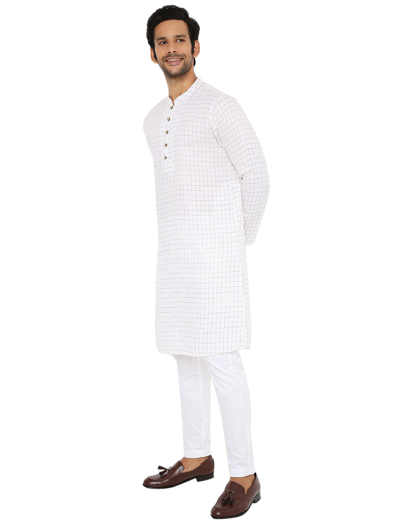 WHITE BROWN CHECKERED KURTA WITH FRONT YOKE AND LUPI BUTTON
