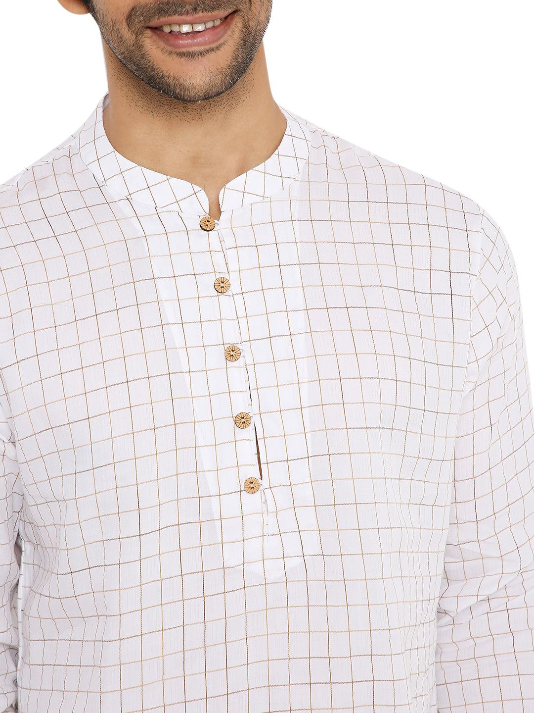 WHITE BROWN CHECKERED KURTA WITH FRONT YOKE AND LUPI BUTTON
