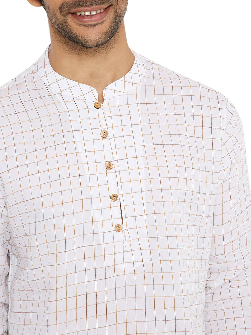 WHITE BROWN CHECKERED KURTA WITH FRONT YOKE AND LUPI BUTTON