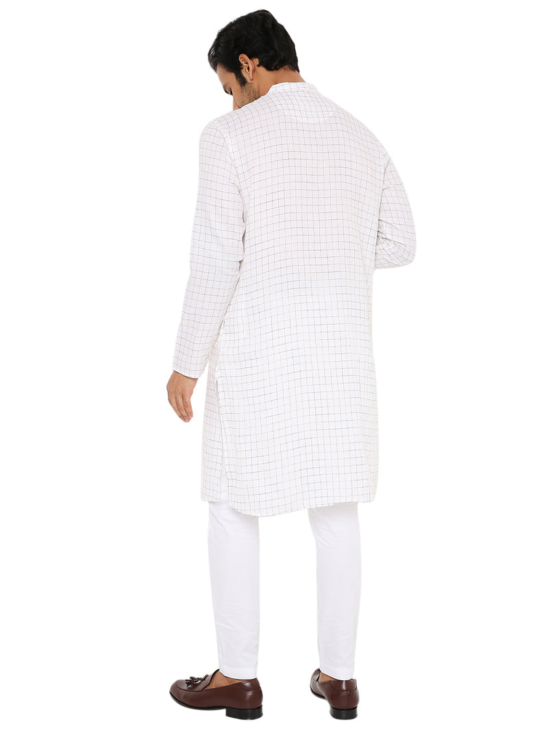 WHITE BROWN CHECKERED KURTA WITH FRONT YOKE AND LUPI BUTTON