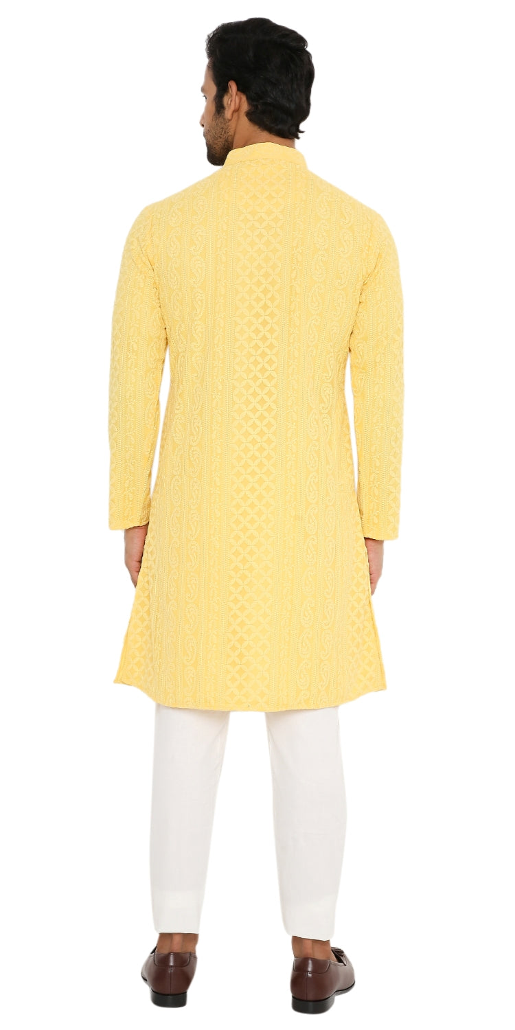 SUMMER YELLOW GEORGETTE PAISLEY DESIGN CHIKANKARI REGULAR FIT KURTA PYJAMA SET WITH LINING