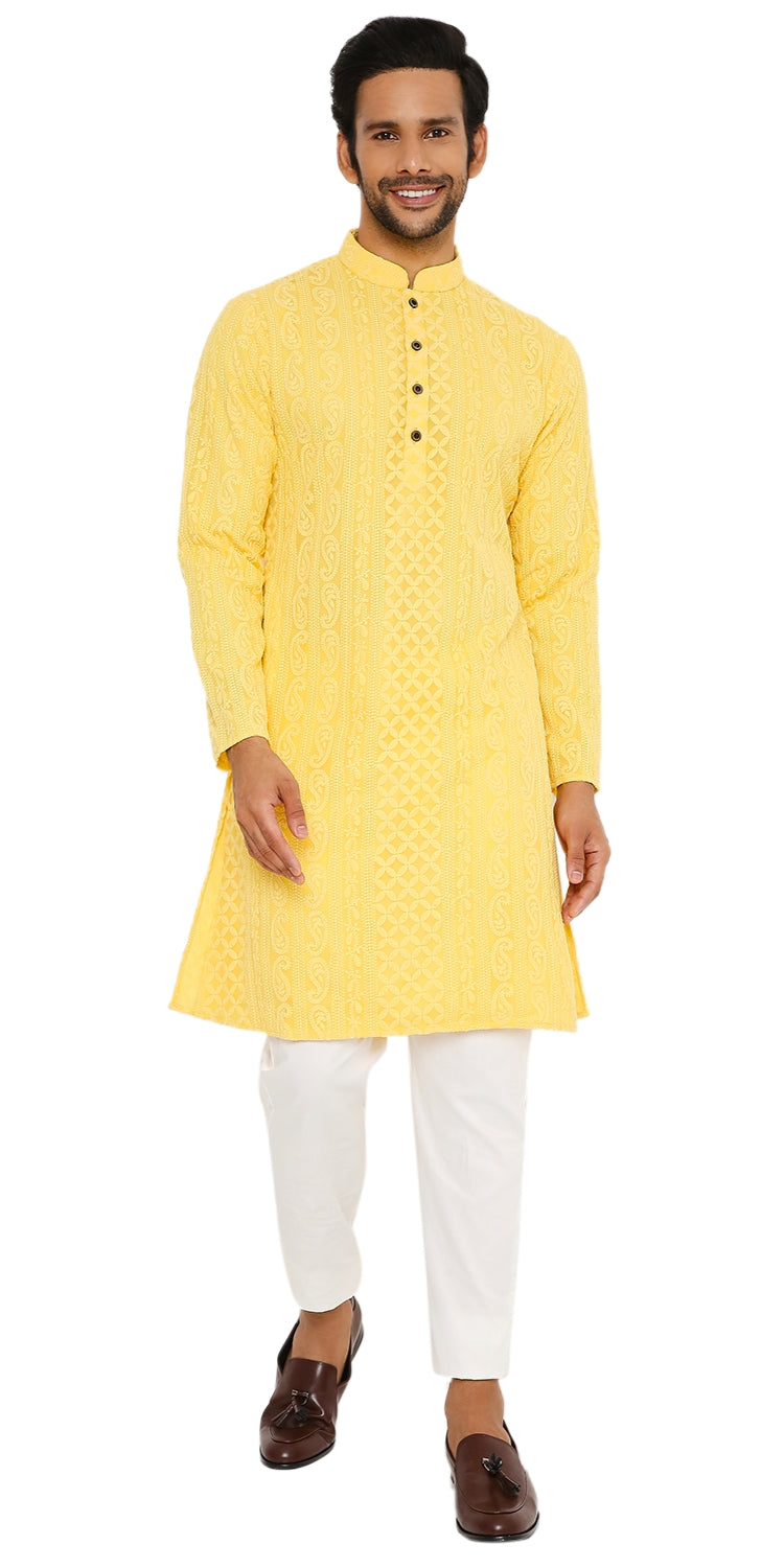 SUMMER YELLOW GEORGETTE PAISLEY DESIGN CHIKANKARI REGULAR FIT KURTA PYJAMA SET WITH LINING