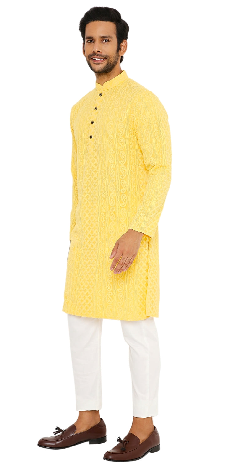 SUMMER YELLOW GEORGETTE PAISLEY DESIGN CHIKANKARI REGULAR FIT KURTA PYJAMA SET WITH LINING