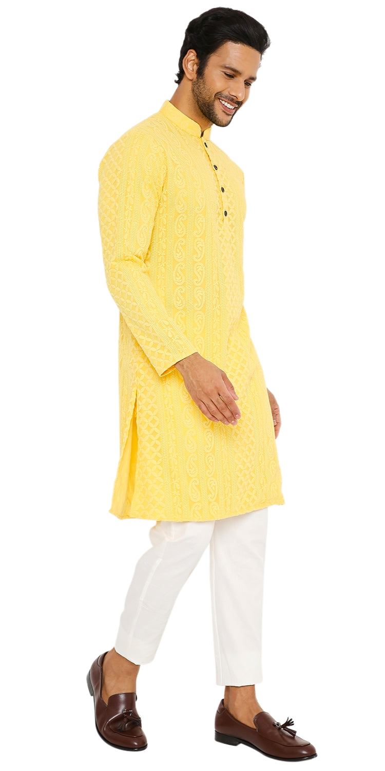 SUMMER YELLOW GEORGETTE PAISLEY DESIGN CHIKANKARI REGULAR FIT KURTA PYJAMA SET WITH LINING
