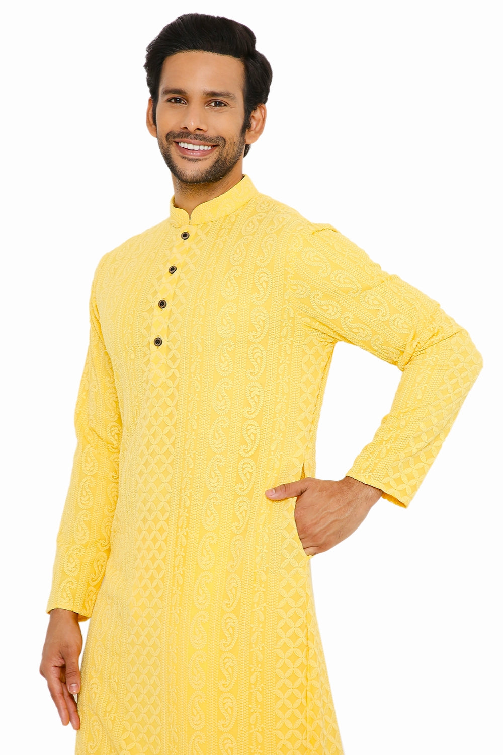 SUMMER YELLOW GEORGETTE PAISLEY DESIGN CHIKANKARI REGULAR FIT KURTA PYJAMA SET WITH LINING