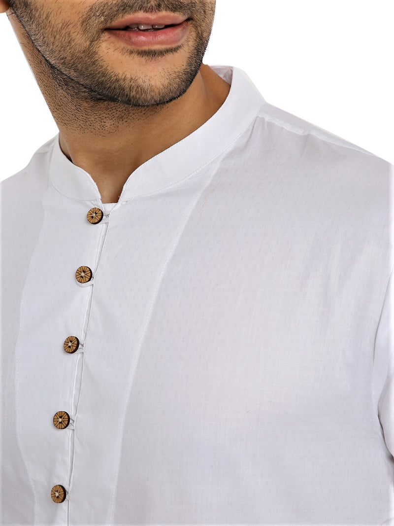 WHITE DOTTED LINES DOBBY KURTA WITH FRONT YOKE AND LUPI BUTTON