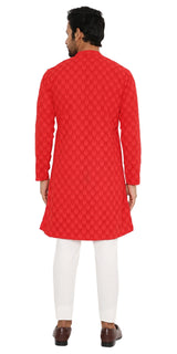 RED GEORGETTE LEAF EMBROIDERED KURTA PYJAMA SET WITH LINING