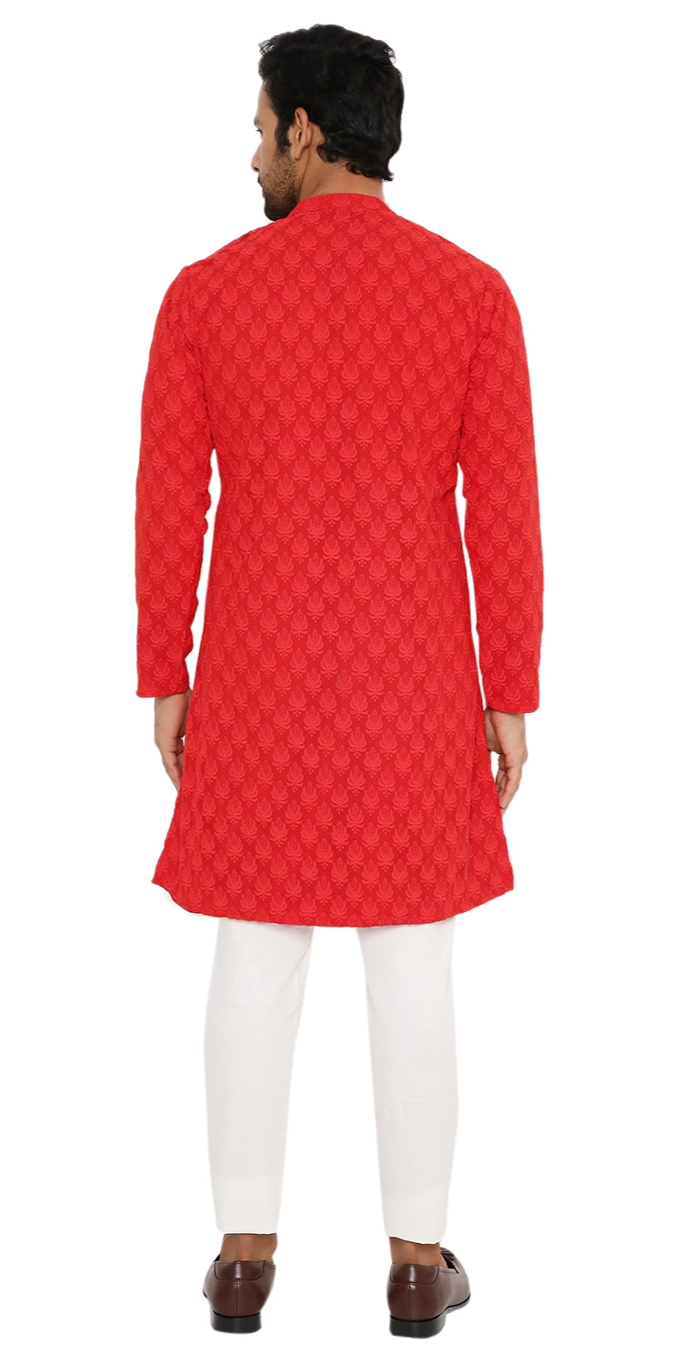 RED GEORGETTE LEAF EMBROIDERED KURTA PYJAMA SET WITH LINING