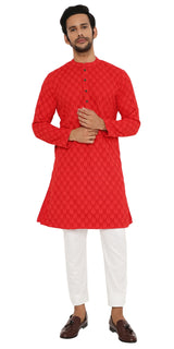 RED GEORGETTE LEAF EMBROIDERED KURTA PYJAMA SET WITH LINING