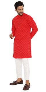 RED GEORGETTE LEAF EMBROIDERED KURTA PYJAMA SET WITH LINING