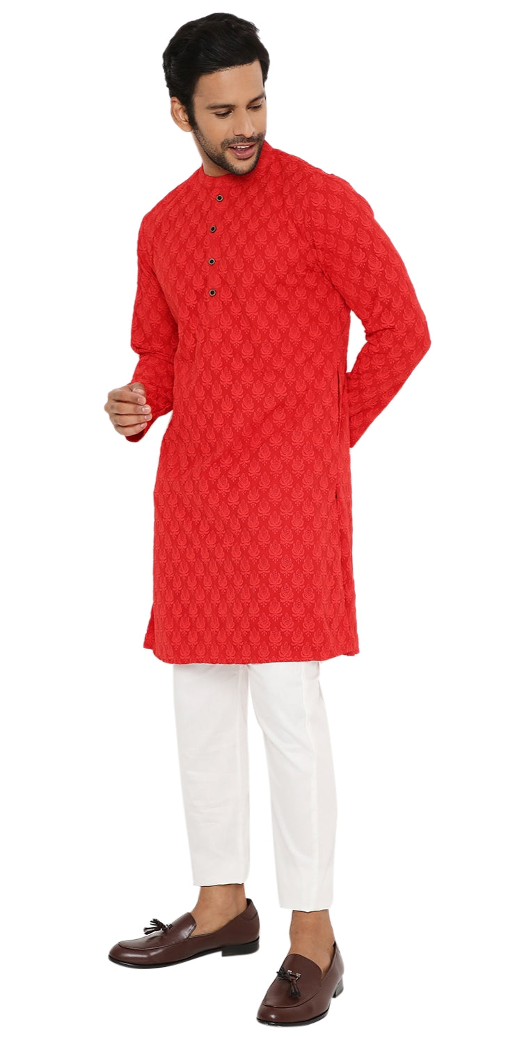 RED GEORGETTE LEAF EMBROIDERED KURTA PYJAMA SET WITH LINING