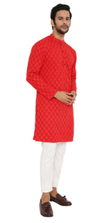 RED GEORGETTE LEAF EMBROIDERED KURTA PYJAMA SET WITH LINING