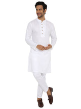 WHITE DOTTED LINES DOBBY KURTA WITH FRONT YOKE AND LUPI BUTTON
