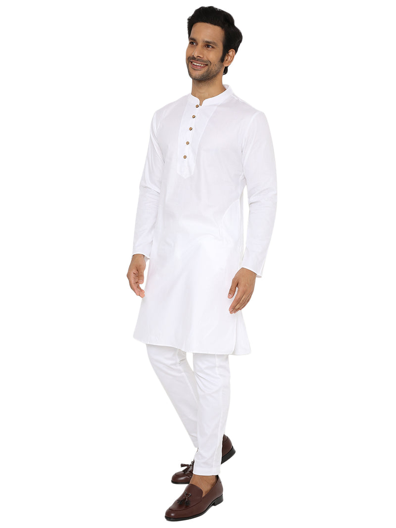 WHITE DOTTED LINES DOBBY KURTA WITH FRONT YOKE AND LUPI BUTTON