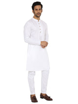 WHITE DOTTED LINES DOBBY KURTA WITH FRONT YOKE AND LUPI BUTTON