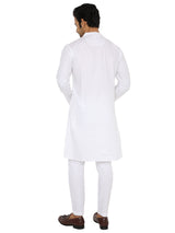 WHITE DOTTED LINES DOBBY KURTA WITH FRONT YOKE AND LUPI BUTTON