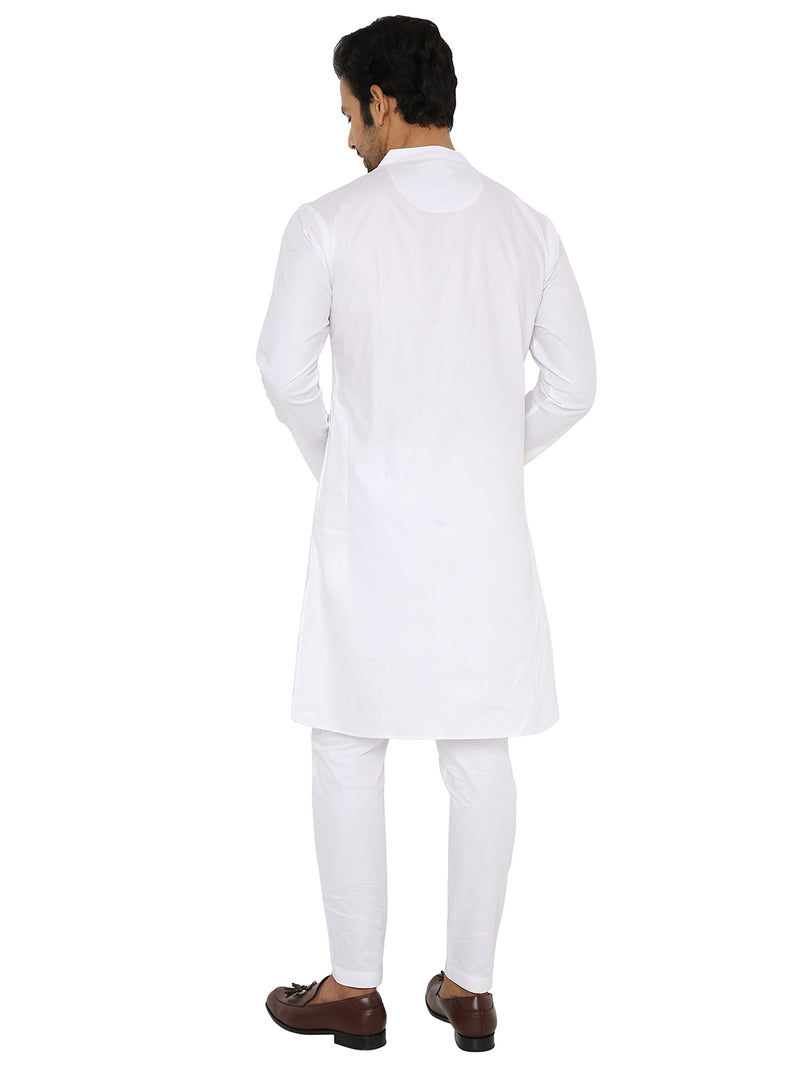 WHITE DOTTED LINES DOBBY KURTA WITH FRONT YOKE AND LUPI BUTTON