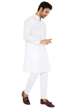 WHITE CHIKANKARI KURTA  PYJAMA SET WITH CIRCULAR LEAF THREAD EMBRIODERY