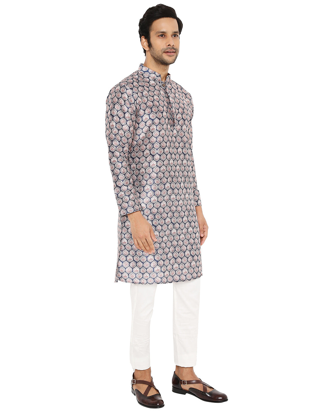 Front image of printed silk kurta from Be Desi