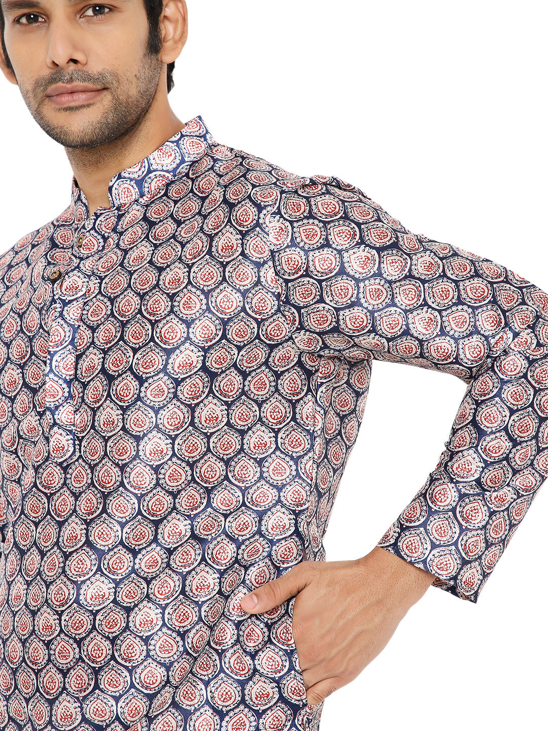 Close up of red and blue printed kurta for men by Be Desi