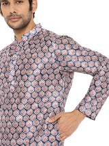 Close up of red and blue printed kurta for men by Be Desi