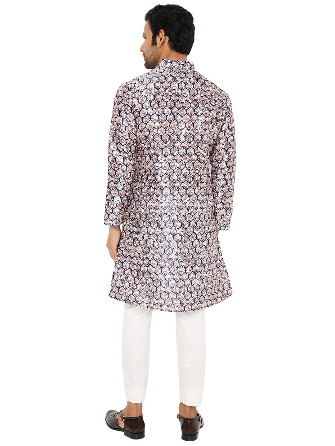 Back View of printed silk kurta with red and blue leaf print design from Be Desi
