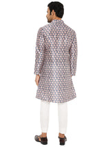 Back View of printed silk kurta with red and blue leaf print design from Be Desi