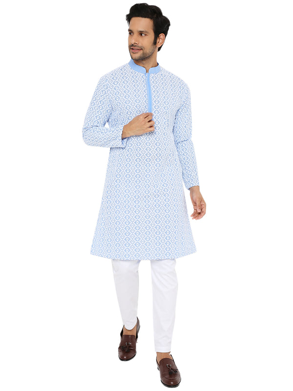 SANTORINI BLUE CONTRAST EMBRIODERY KURTA WITH COLLAR DETAIL