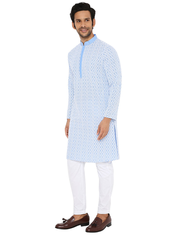 SANTORINI BLUE CONTRAST EMBRIODERY KURTA WITH COLLAR DETAIL