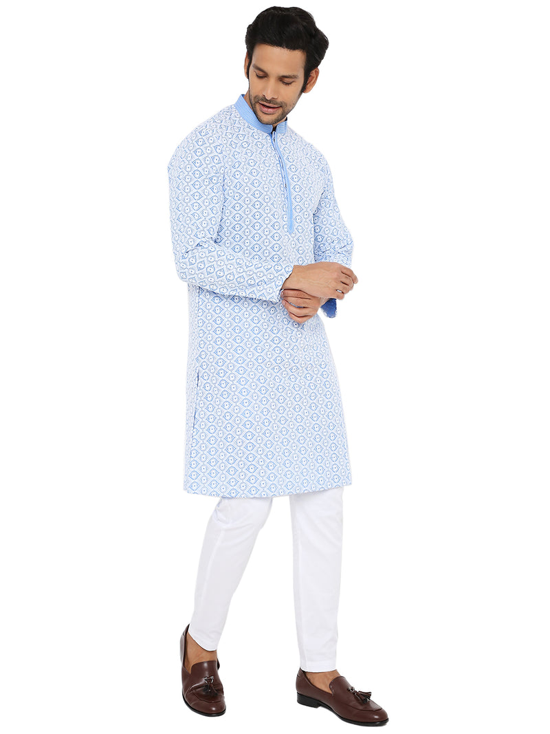 SANTORINI BLUE CONTRAST EMBRIODERY KURTA WITH COLLAR DETAIL