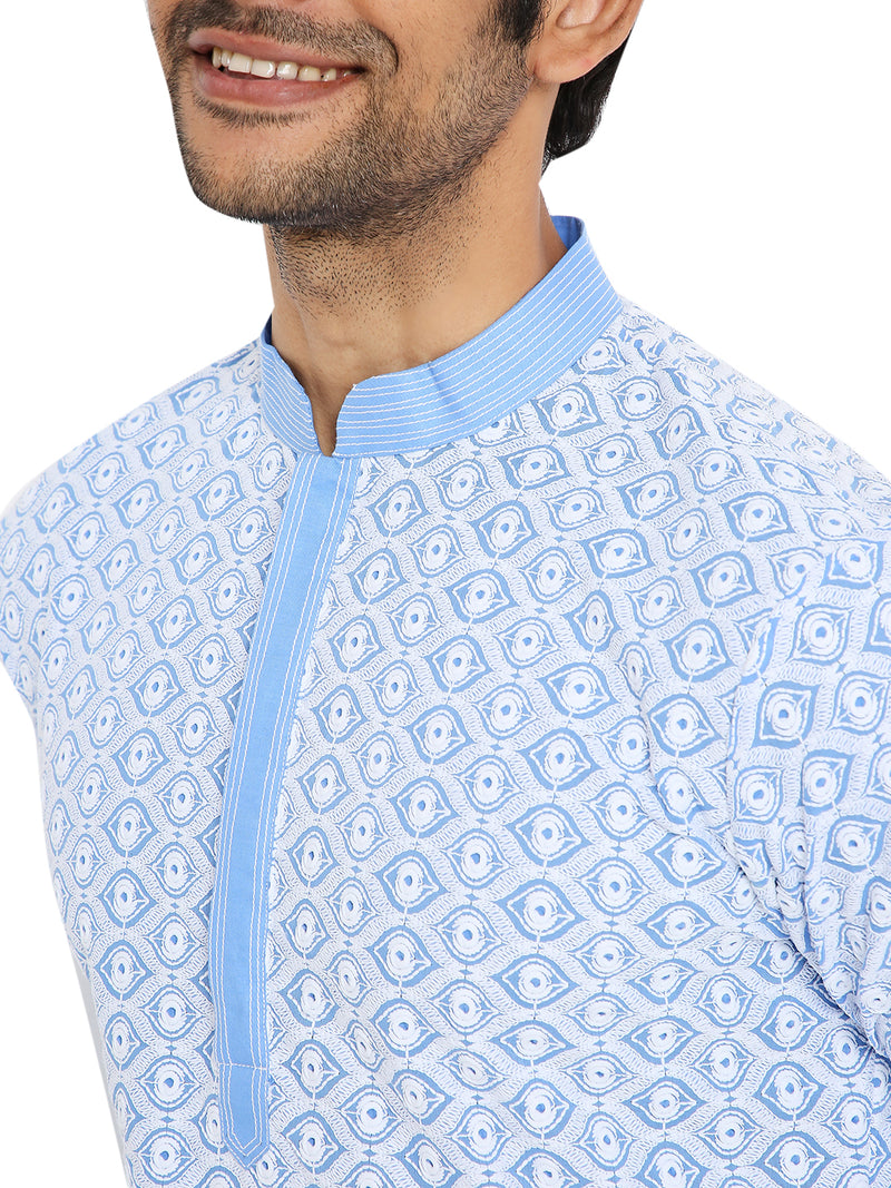 SANTORINI BLUE CONTRAST EMBRIODERY KURTA WITH COLLAR DETAIL