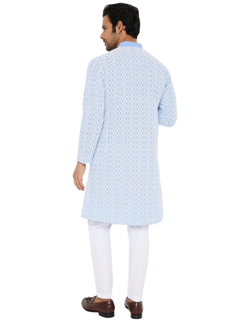 SANTORINI BLUE CONTRAST EMBRIODERY KURTA WITH COLLAR DETAIL