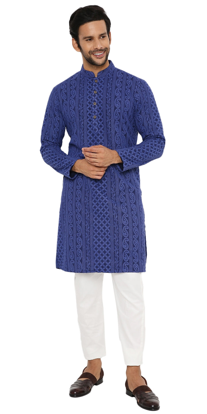 ROYAL BLUE GEORGETTE PAISLEY DESIGN CHIKANKAR KURTA PYJAMA SET WITH LINING