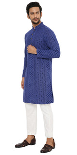 ROYAL BLUE GEORGETTE PAISLEY DESIGN CHIKANKAR KURTA WITH LINING