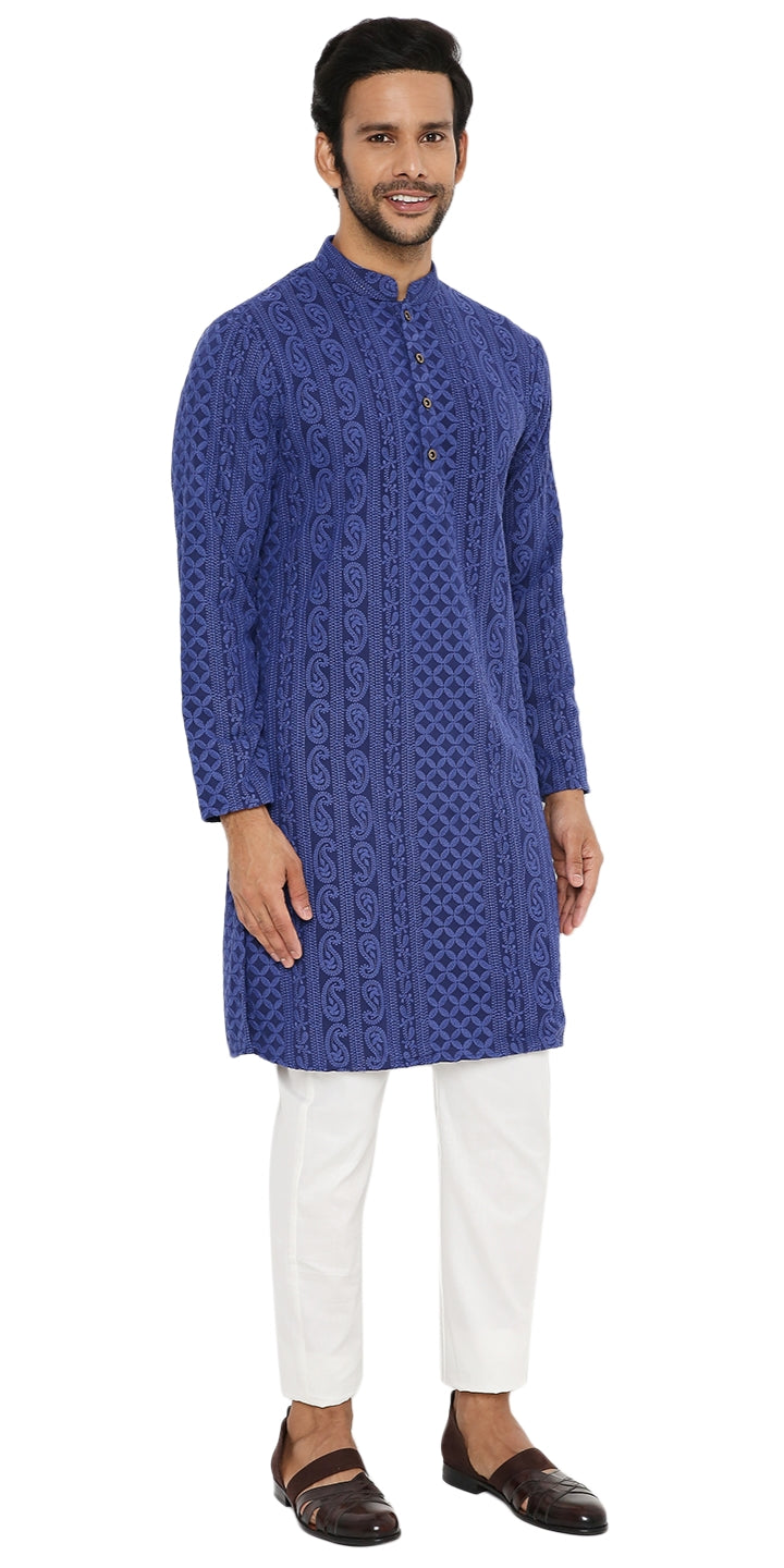 ROYAL BLUE GEORGETTE PAISLEY DESIGN CHIKANKAR KURTA WITH LINING