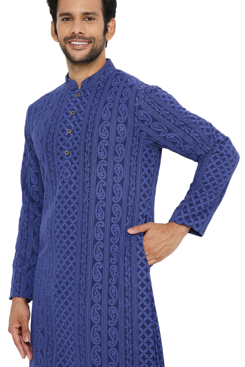 ROYAL BLUE GEORGETTE PAISLEY DESIGN CHIKANKAR KURTA PYJAMA SET WITH LINING