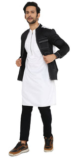 WHITE LONG ZIPPER WHITE KURTA WITH 3 POCKET SHACKET SET