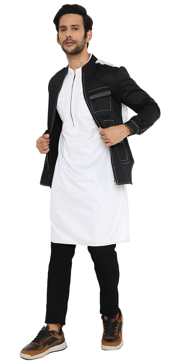 WHITE LONG ZIPPER WHITE KURTA WITH 3 POCKET SHACKET SET