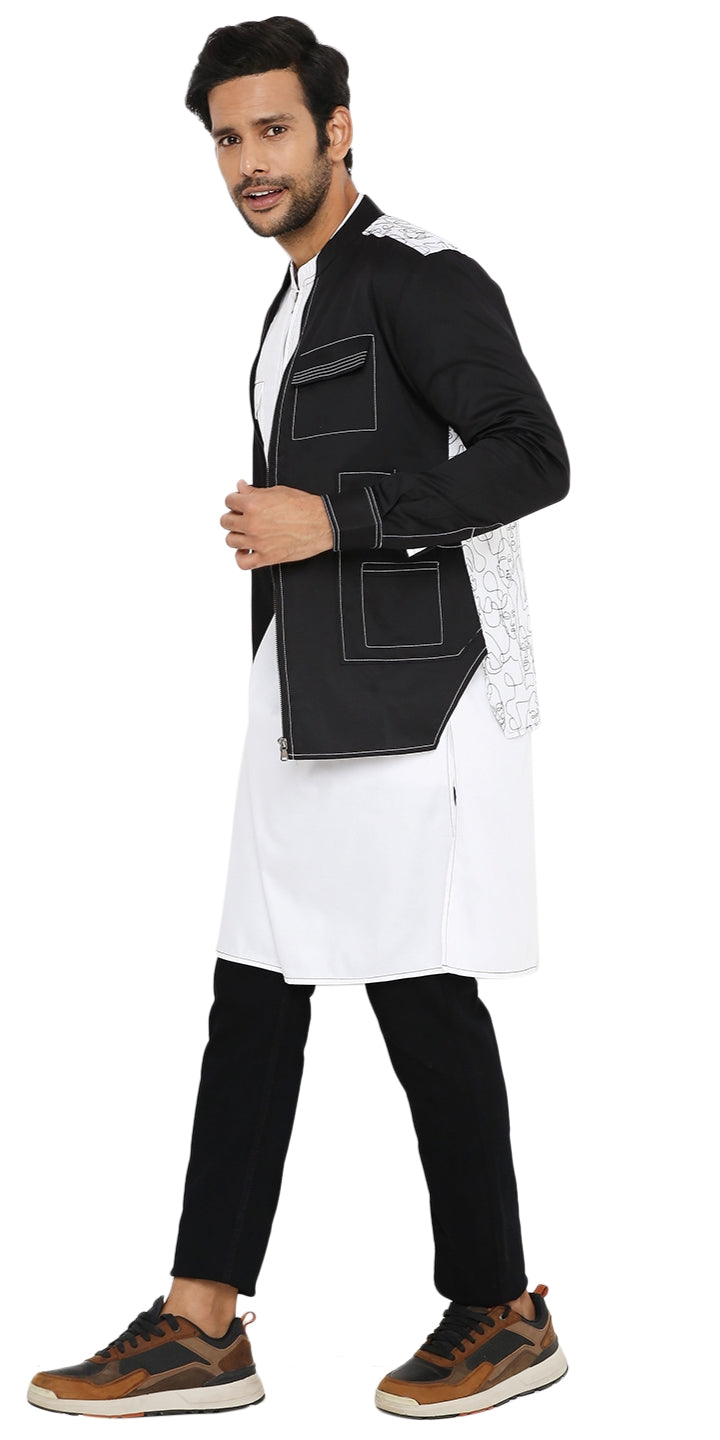 WHITE LONG ZIPPER WHITE KURTA WITH 3 POCKET SHACKET SET