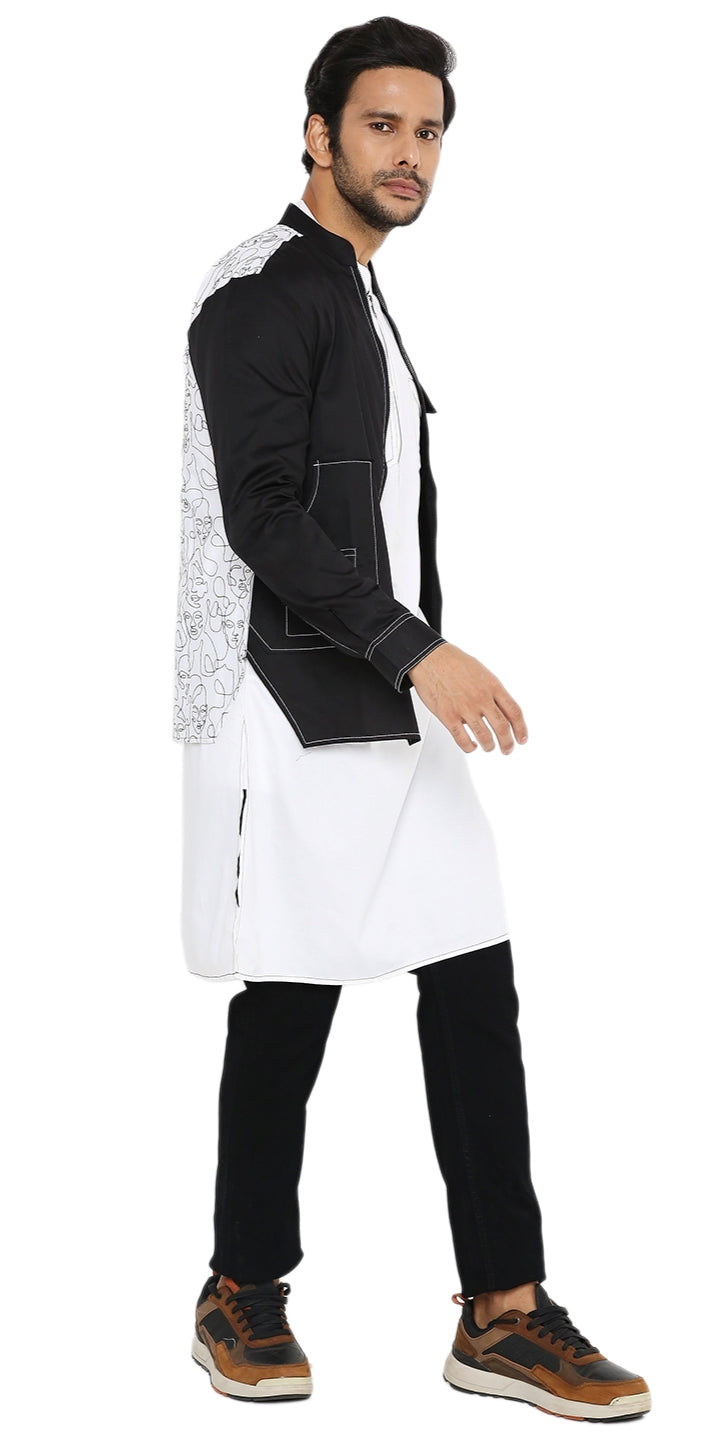 WHITE LONG ZIPPER WHITE KURTA WITH 3 POCKET SHACKET SET