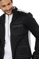 WHITE LONG ZIPPER WHITE KURTA WITH 3 POCKET SHACKET SET