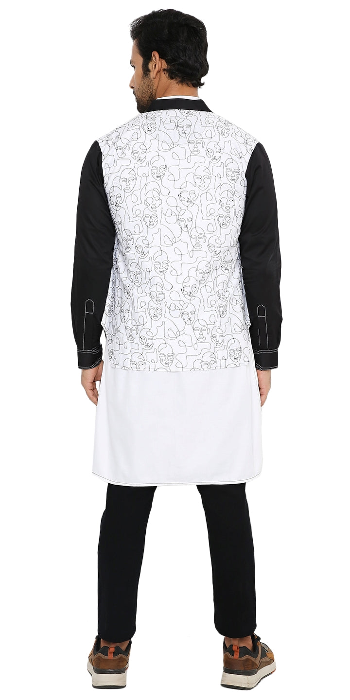 WHITE LONG ZIPPER WHITE KURTA WITH 3 POCKET SHACKET SET